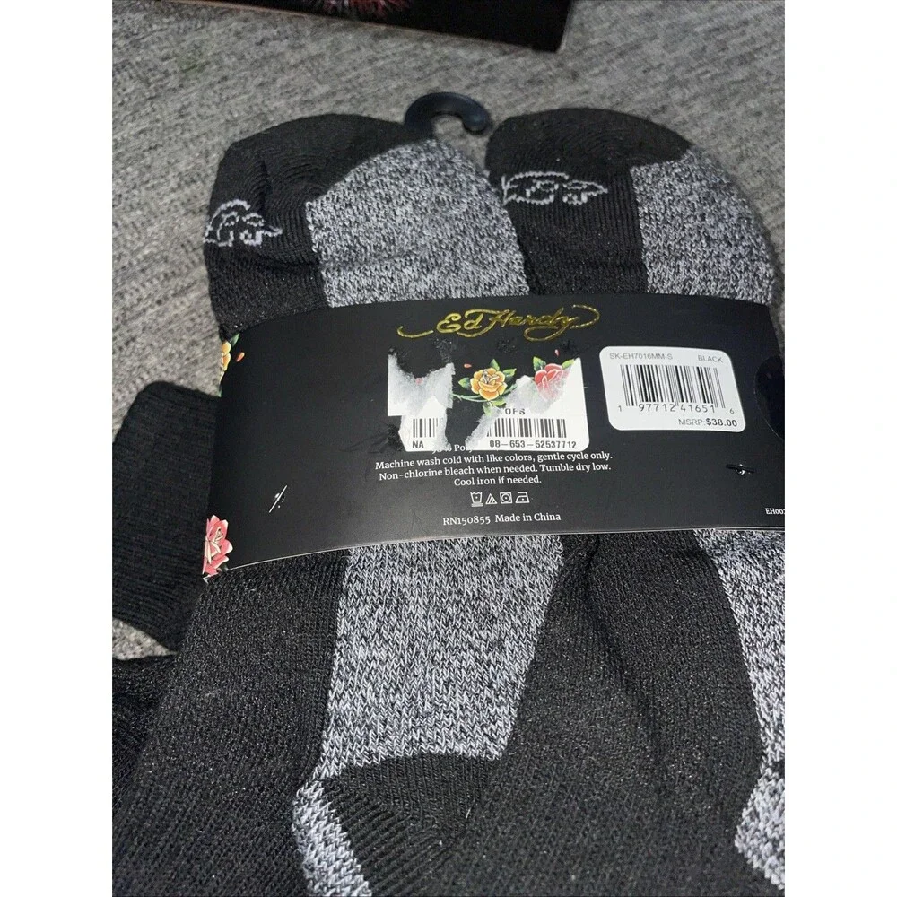 Ed Hardy Mens 8 Pair Set Athletic Low Cut Black Socks Shoe Size 6-12 New